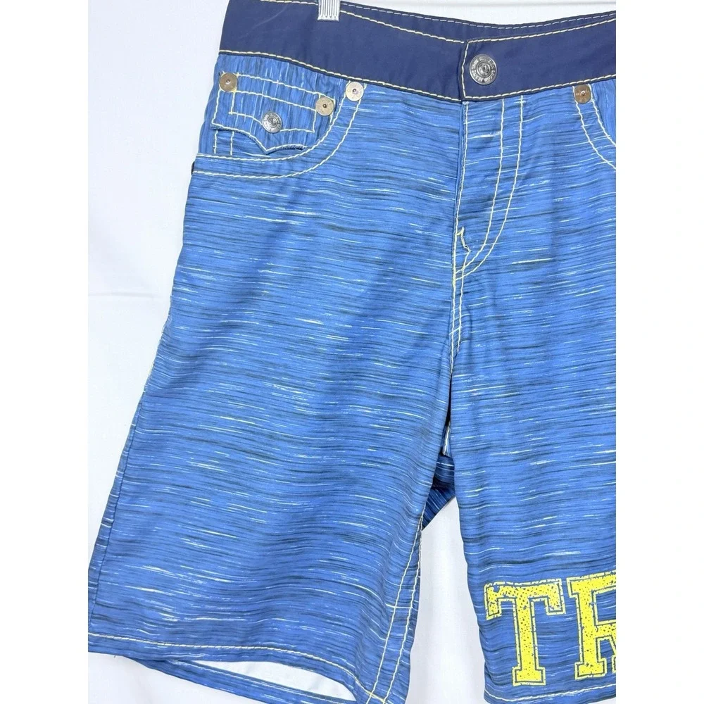 True Religion Blue Yellow Stitch Horseshoe Flap Pocket Board Swim Shorts 32